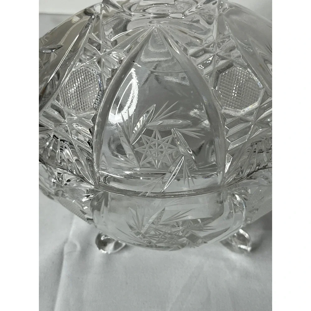 Vintage Tall Crystal Candy Dish‎ Footed w/ Lid Cut Glass Starburst Pattern Heavy